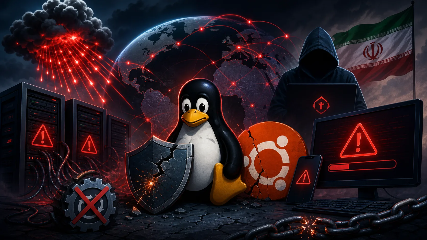 Tela de terminal com o logo do Ubuntu e várias linhas de código, simbolizando um servidor offline e um ataque cibernético.