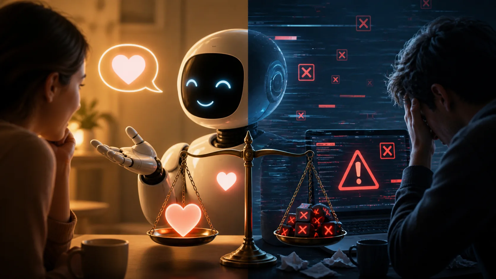 Uma figura abstrata representando uma inteligência artificial com elementos de cérebro e circuitos, mas com uma aura suave e acolhedora, enquanto falha em simular um erro, ilustrando a dicotomia entre precisão e empatia.