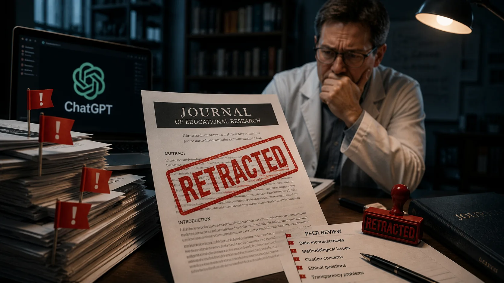 Capa de revista científica com o título do estudo sobre ChatGPT e educação, e um selo de 'Retracted' (Retirado) em vermelho sobre ele, simbolizando a sua anulação.