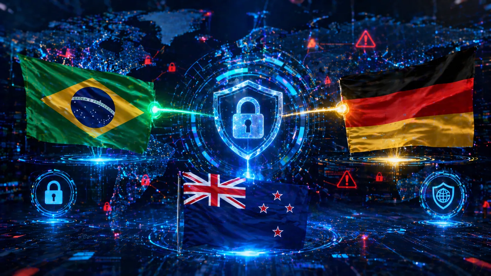 Mapa-múndi estilizado com conexões digitais entre Brasil, Alemanha e Nova Zelândia, simbolizando a colaboração em cibersegurança e IA.