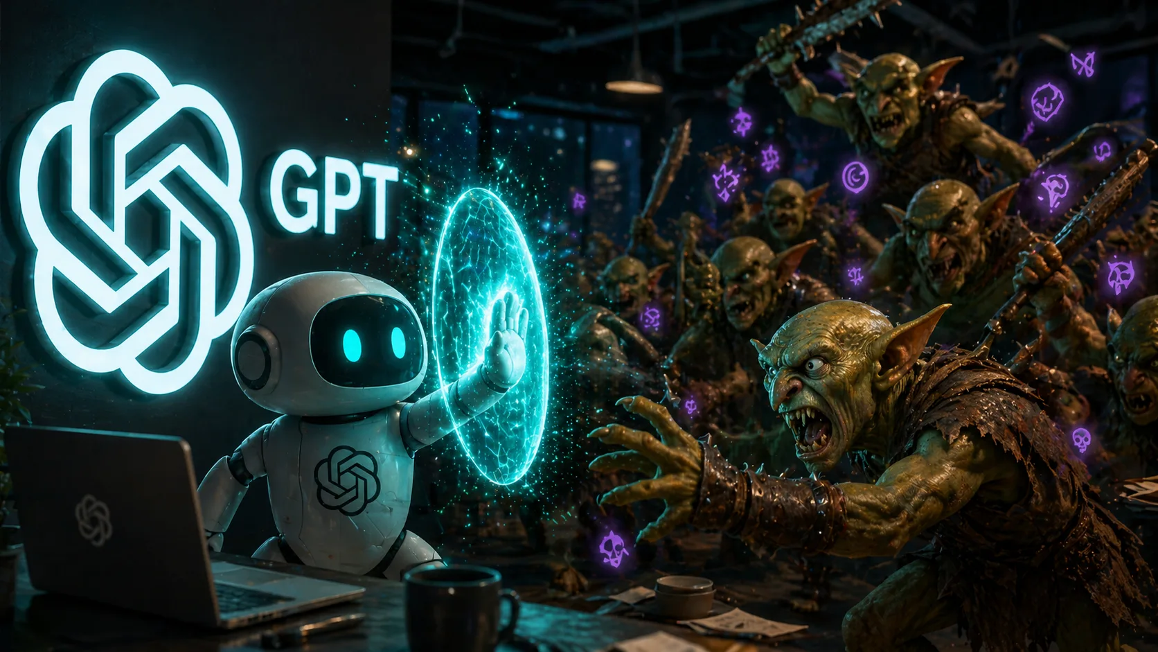 Uma ilustração de um goblin com um símbolo de proibição por cima, representando a diretriz da OpenAI para o GPT não falar sobre criaturas fantasiosas