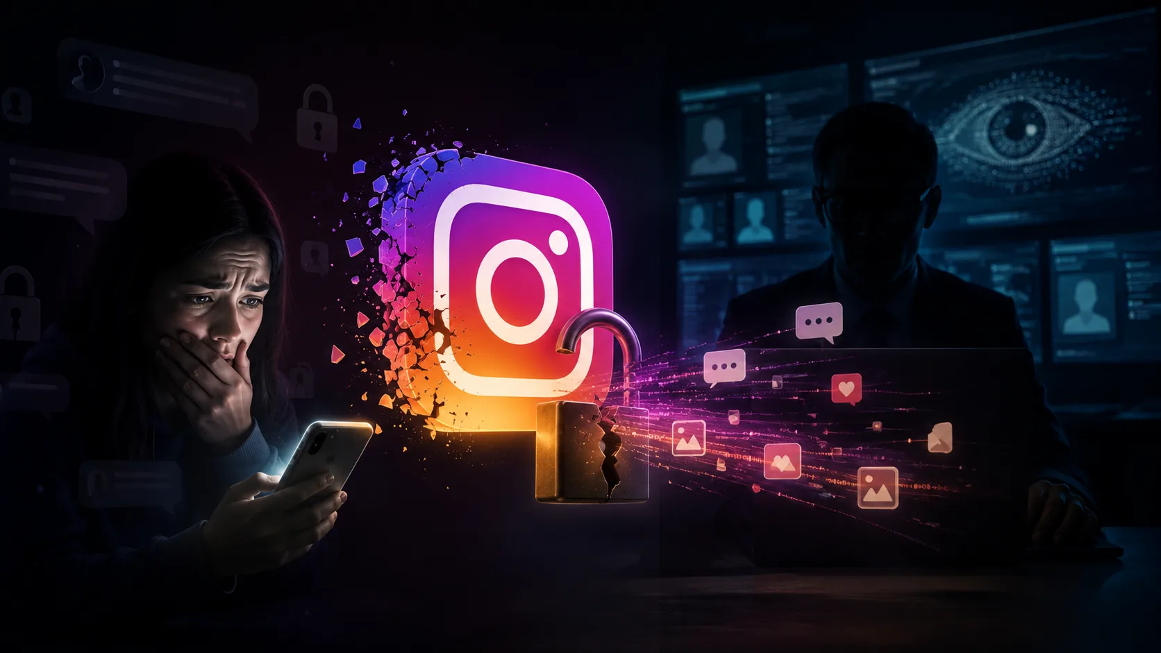 Ilustração com o logotipo do Instagram e mãos segurando celulares, simbolizando a comunicação e a privacidade digital em jogo.
