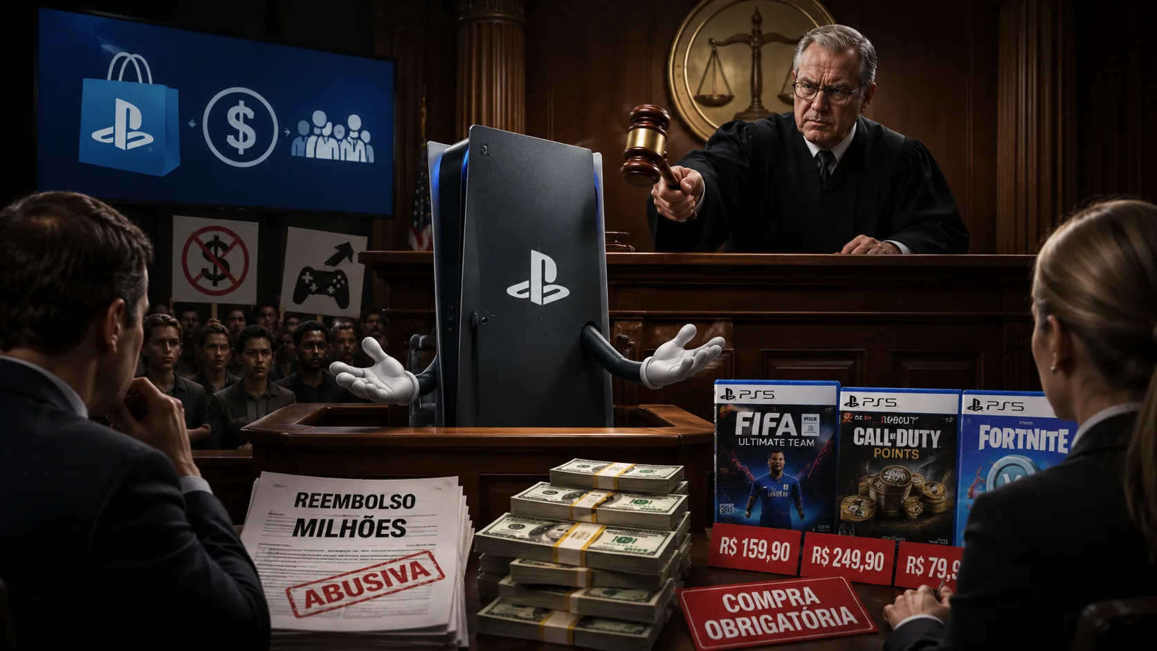 Logotipo da PlayStation ao lado de uma imagem de um controle, simbolizando a questão do monopólio na venda de jogos digitais.