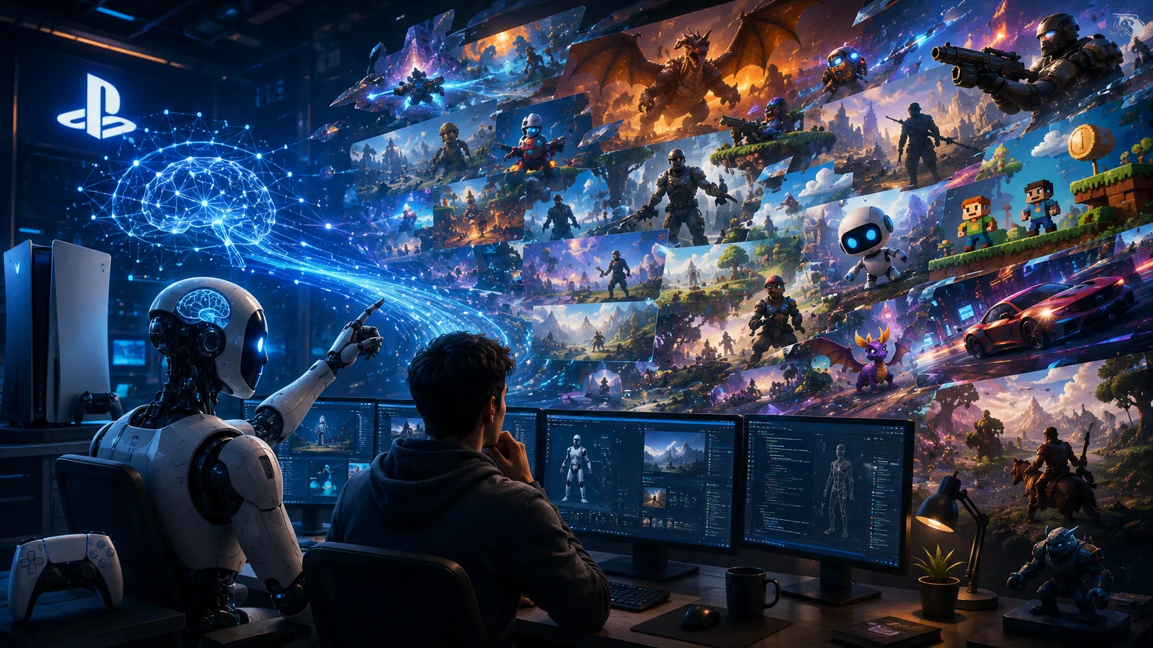 Logotipo da Sony Interactive Entertainment e um controle de PlayStation 5, com elementos digitais que remetem à inteligência artificial e criação de games ao fundo.