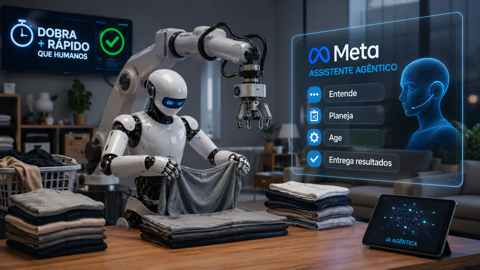 Robô científico com braços articulados realizando tarefas de manipulação delicadas, como dobrar uma peça de roupa, demonstrando destreza e precisão com o uso de inteligência artificial.