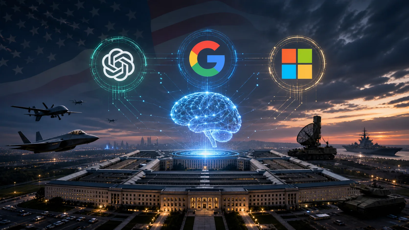 Implantação de IA em contexto militar: chips, algoritmos e veículos autônomos simbolizando a integração de inteligência artificial com defesa