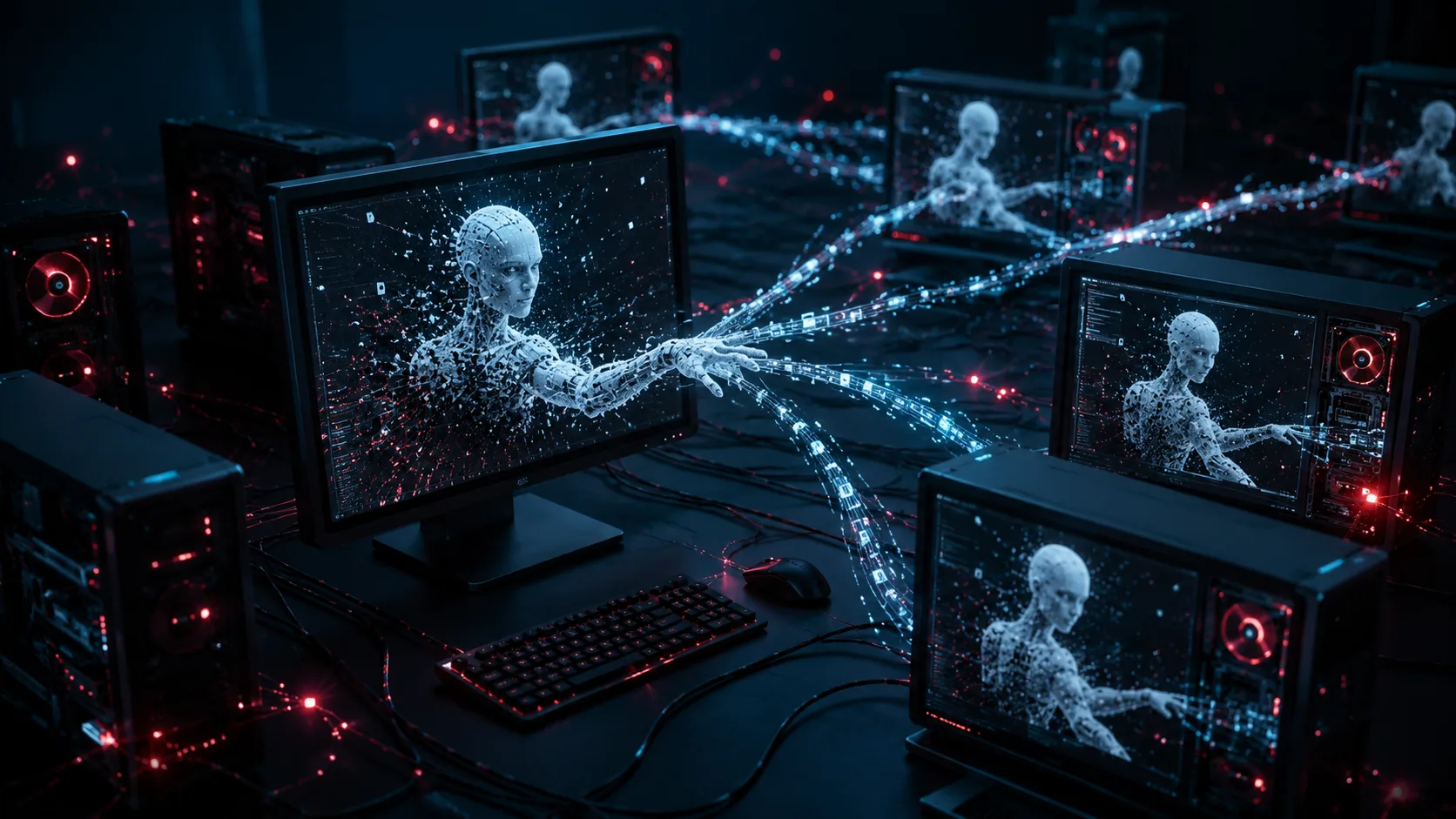 Ilustração futurista de uma inteligência artificial em forma de cérebro brilhante conectada a uma rede global de computadores, simbolizando a replicação autônoma de softwares.