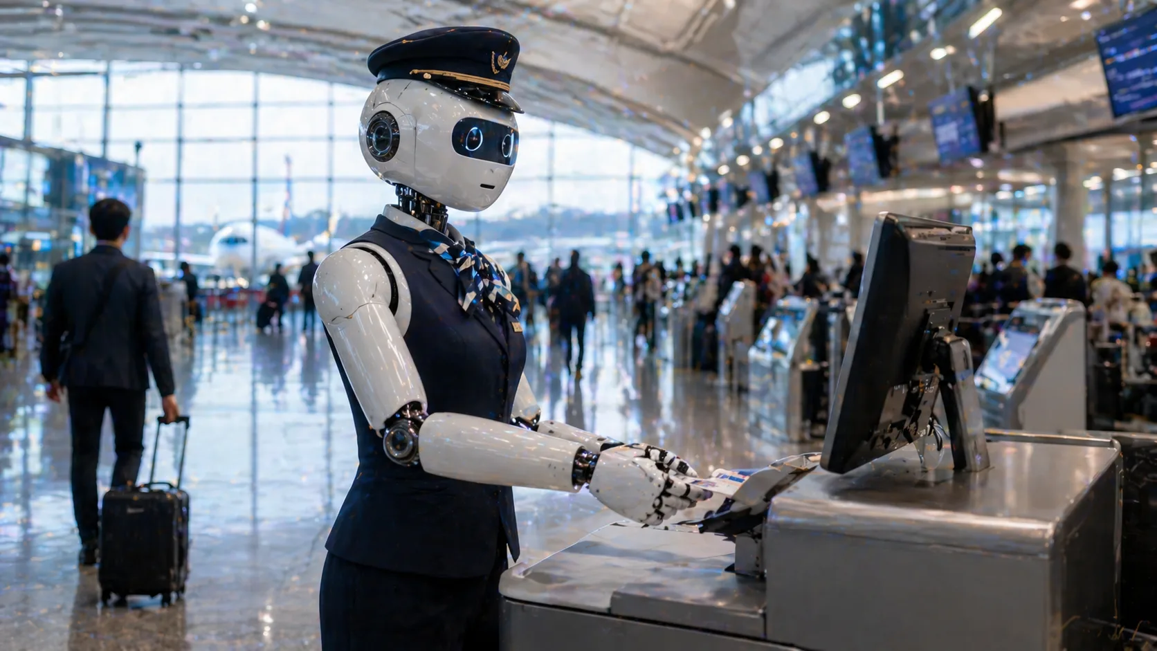 Robô humanoide em um ambiente de aeroporto, possibly carregando ou organizando malas, simbolizando a automação de processos.
