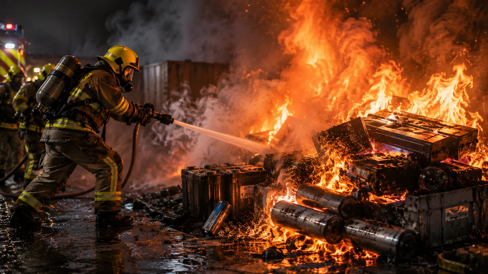 Bombeiro inspeciona os restos carbonizados de um patinete elétrico após um incêndio causado por bateria de íon-lítio