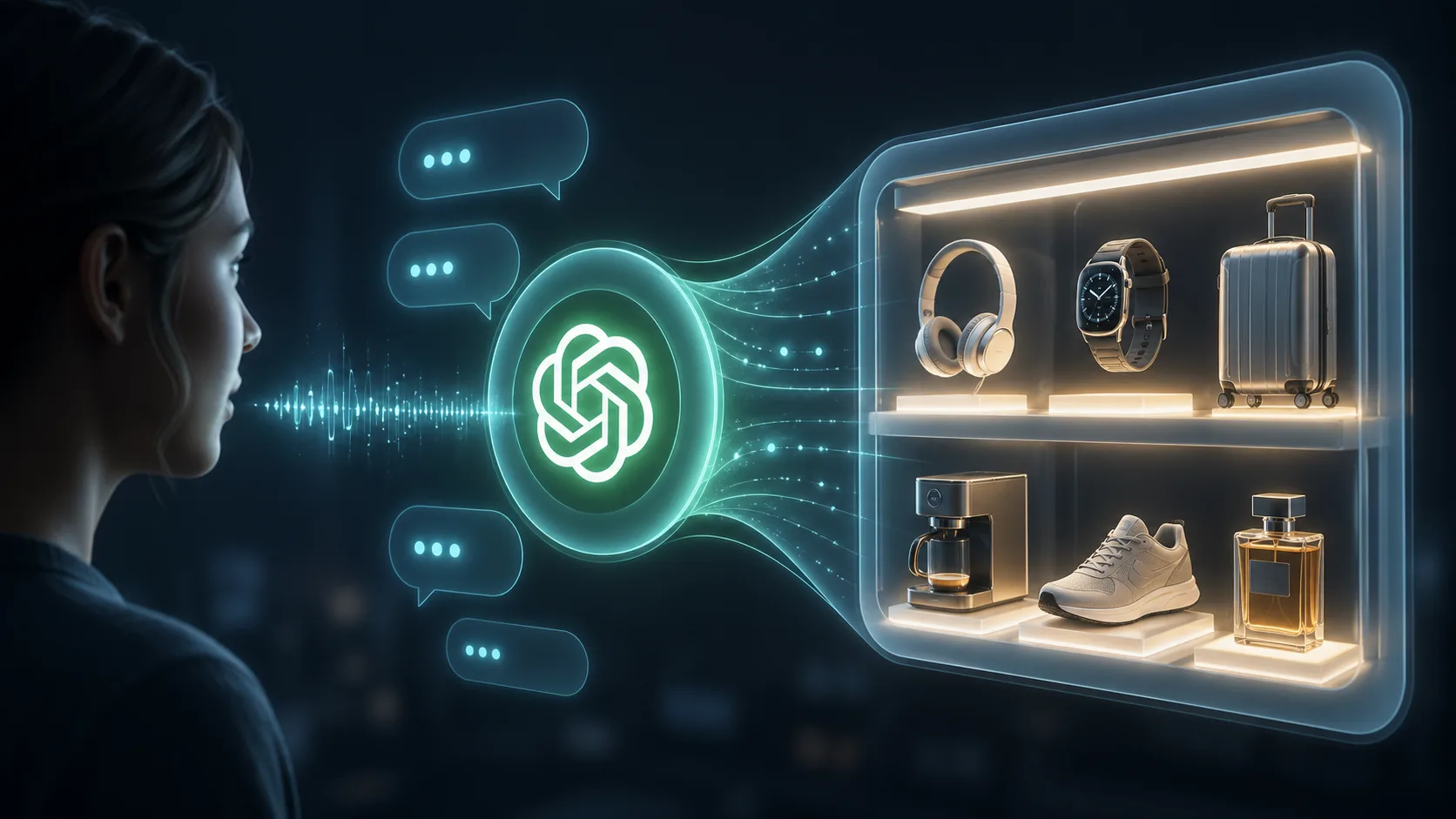 Close-up de um chip de computador com linhas de código e elementos de inteligência artificial em um fundo futurista, simbolizando a integração de publicidade no sistema de IA. Uma figura de robô ou avatar digital interage com um objeto que parece um produto.