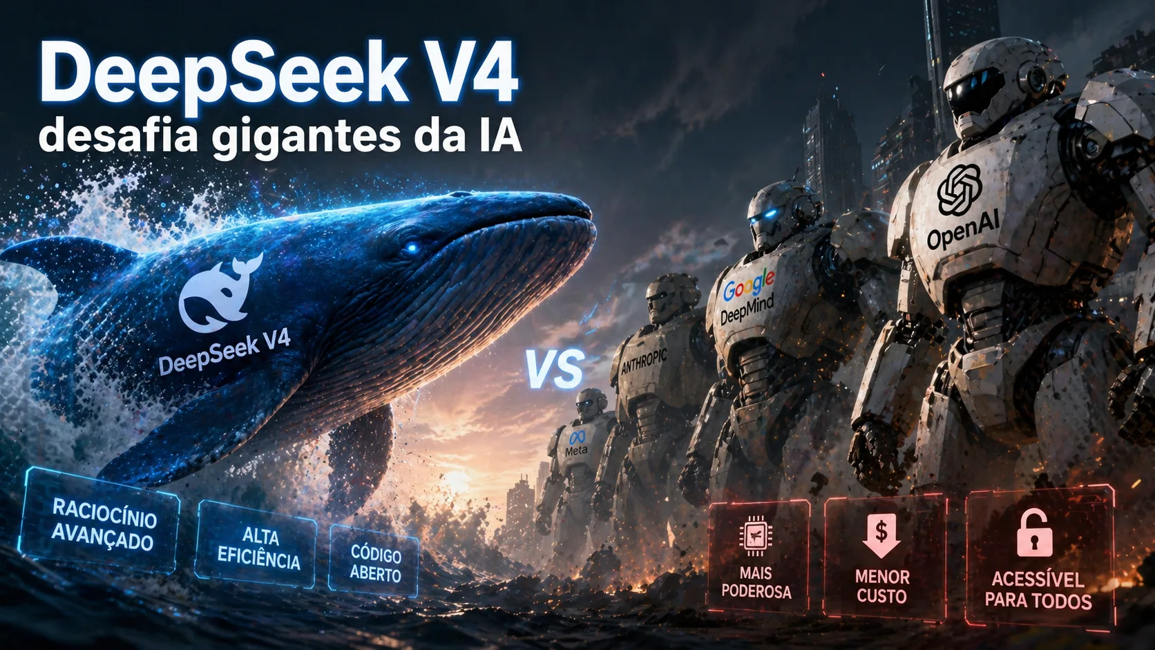Representação artística de inteligência artificial, com elementos digitais e um cérebro luminoso, simbolizando a complexidade e o avanço da tecnologia.