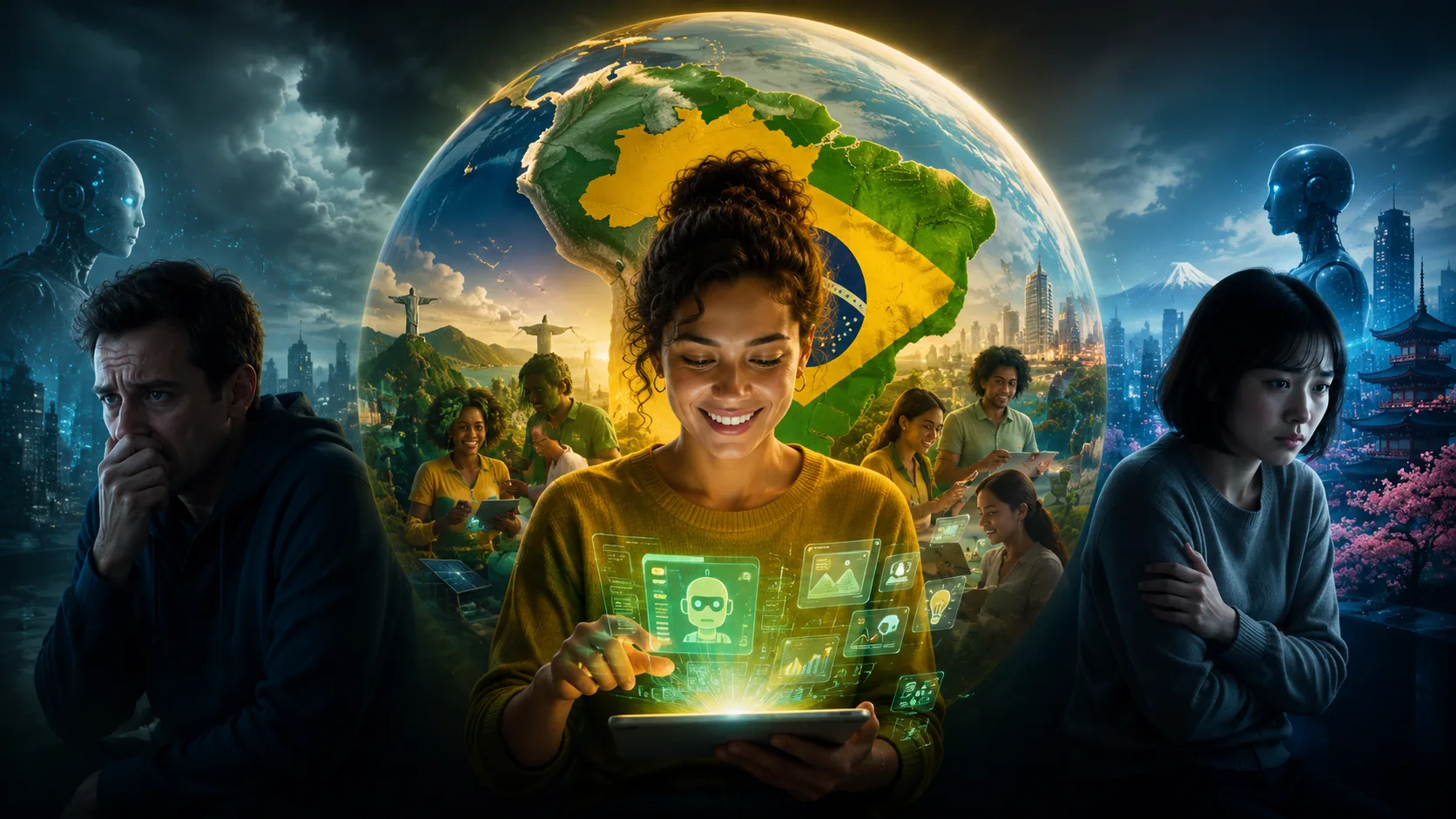 Profissional programador trabalhando em frente a vários monitores, representando o campo da tecnologia e inteligência artificial.