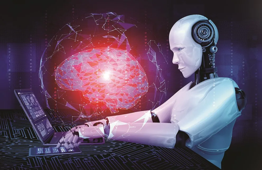 Pessoa digitando em um teclado enquanto ideias e conceitos flutuam ao redor, simbolizando a organização de pensamentos por uma IA.