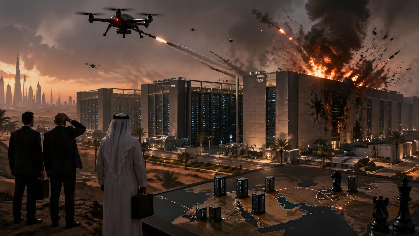 Um drone voando sobre uma paisagem desértica com estruturas que se assemelham a data centers ao fundo, simbolizando a ameaça aos centros de dados no Oriente Médio.