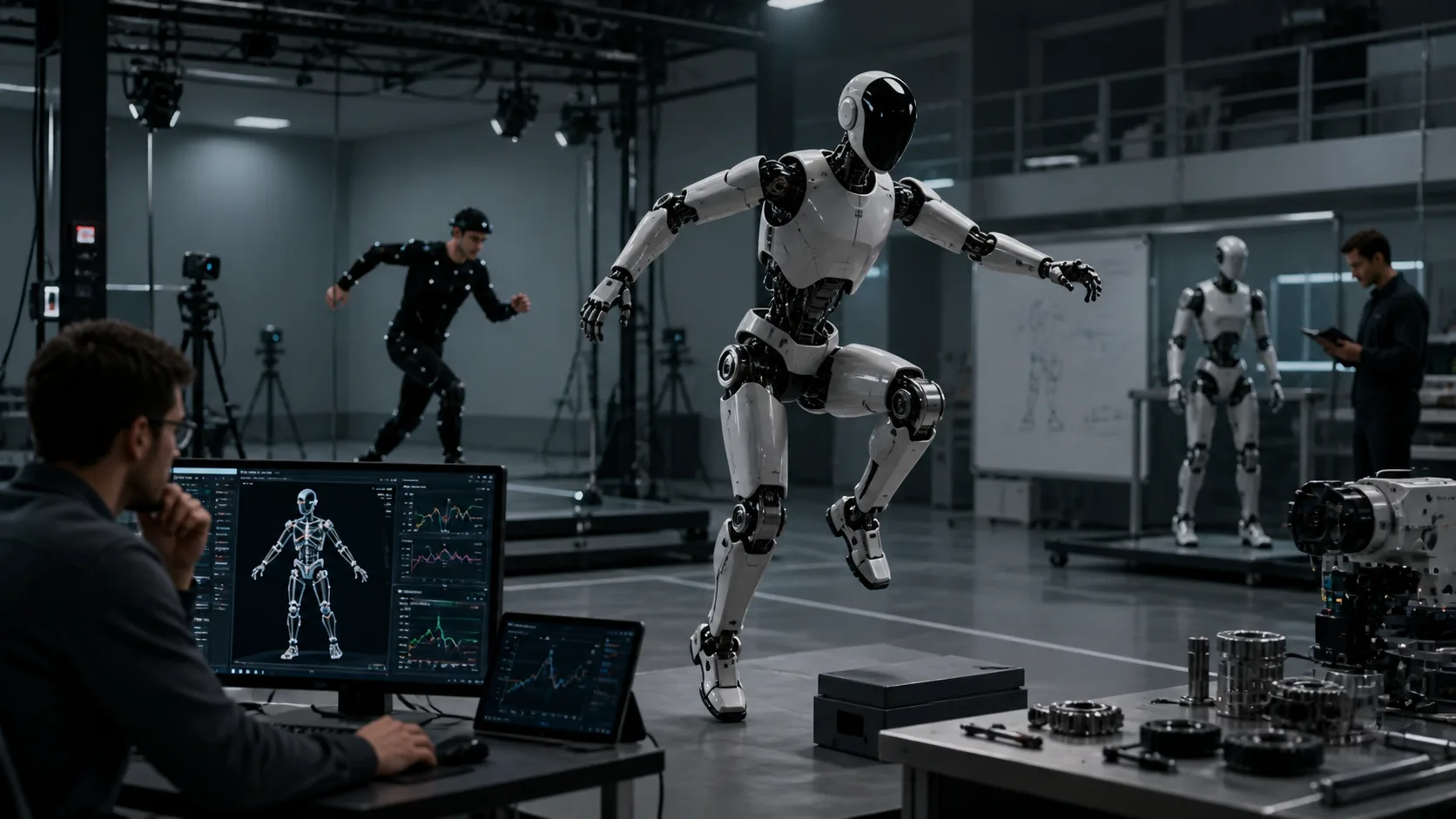 Robô humanoide em uma sala escura com braços estendidos, exibindo luzes azuis em suas articulações, representando o movimento e a tecnologia dos seus atuadores.