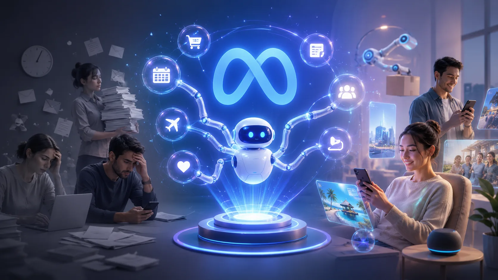 Cérebro digital com engrenagens e conexão a redes sociais, simbolizando a IA agêntica da Meta.