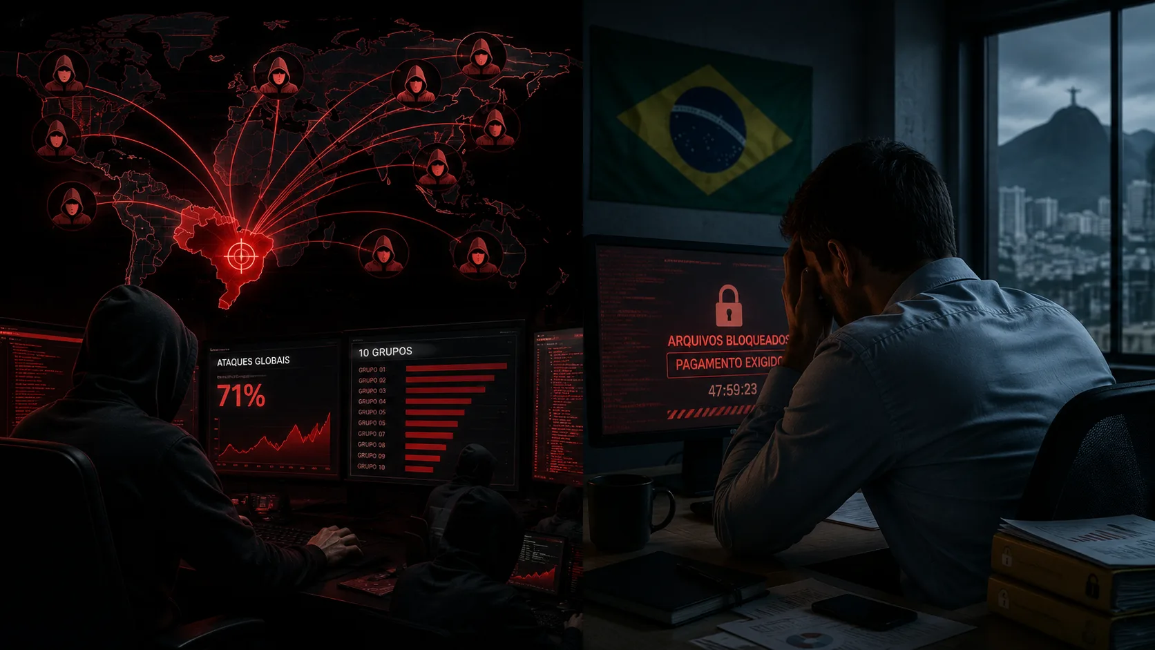 Gráfico que ilustra a concentração dos ataques de ransomware, mostrando que 10 grupos são responsáveis por 71% dos casos globais.