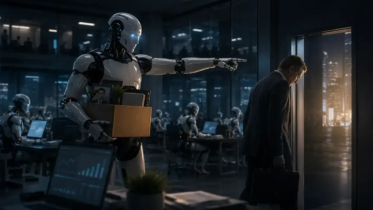 Um robô em uma sala de reunião vazia, simbolizando a substituição de gerentes humanos pela inteligência artificial no setor de tecnologia.