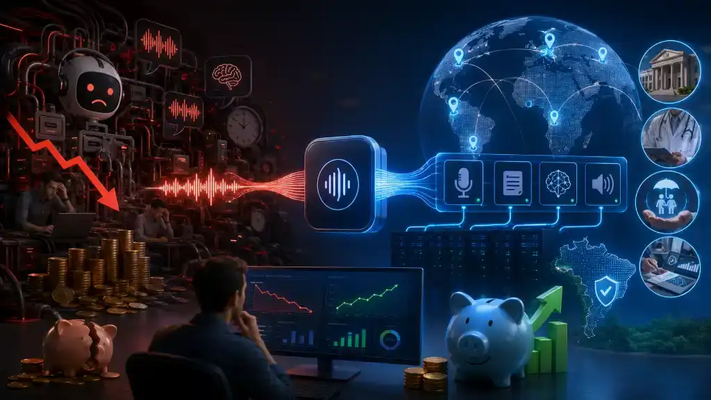 Close-up de um chip com estruturas geométricas e linhas de código ao fundo, simbolizando a complexidade da IA de voz e infraestrutura