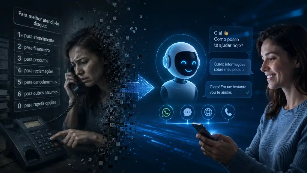 Close-up de uma tela de computador com ondas sonoras e a palavra 'AI' sobreposta, representando a inteligência artificial de voz em call centers.