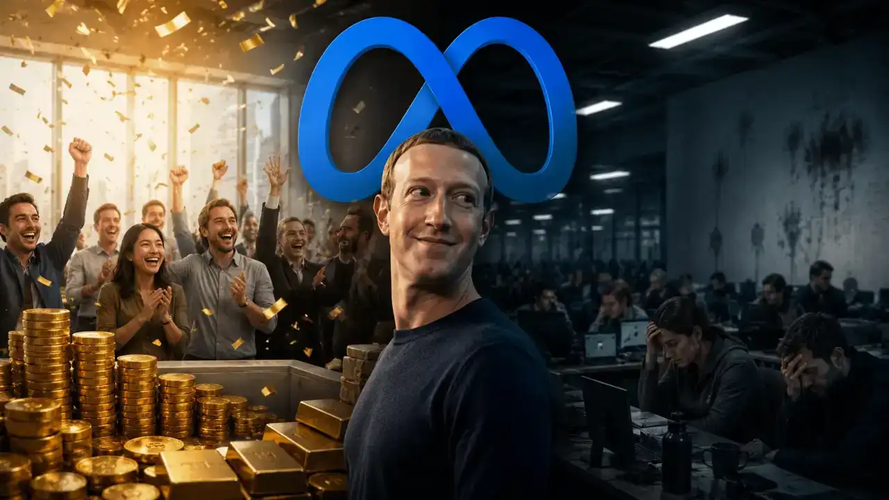 Logotipo da Meta em um fundo escuro, com elementos digitais que remetem à inteligência artificial e ao metaverso, transmitindo um paradoxo de prosperidade e incerteza.