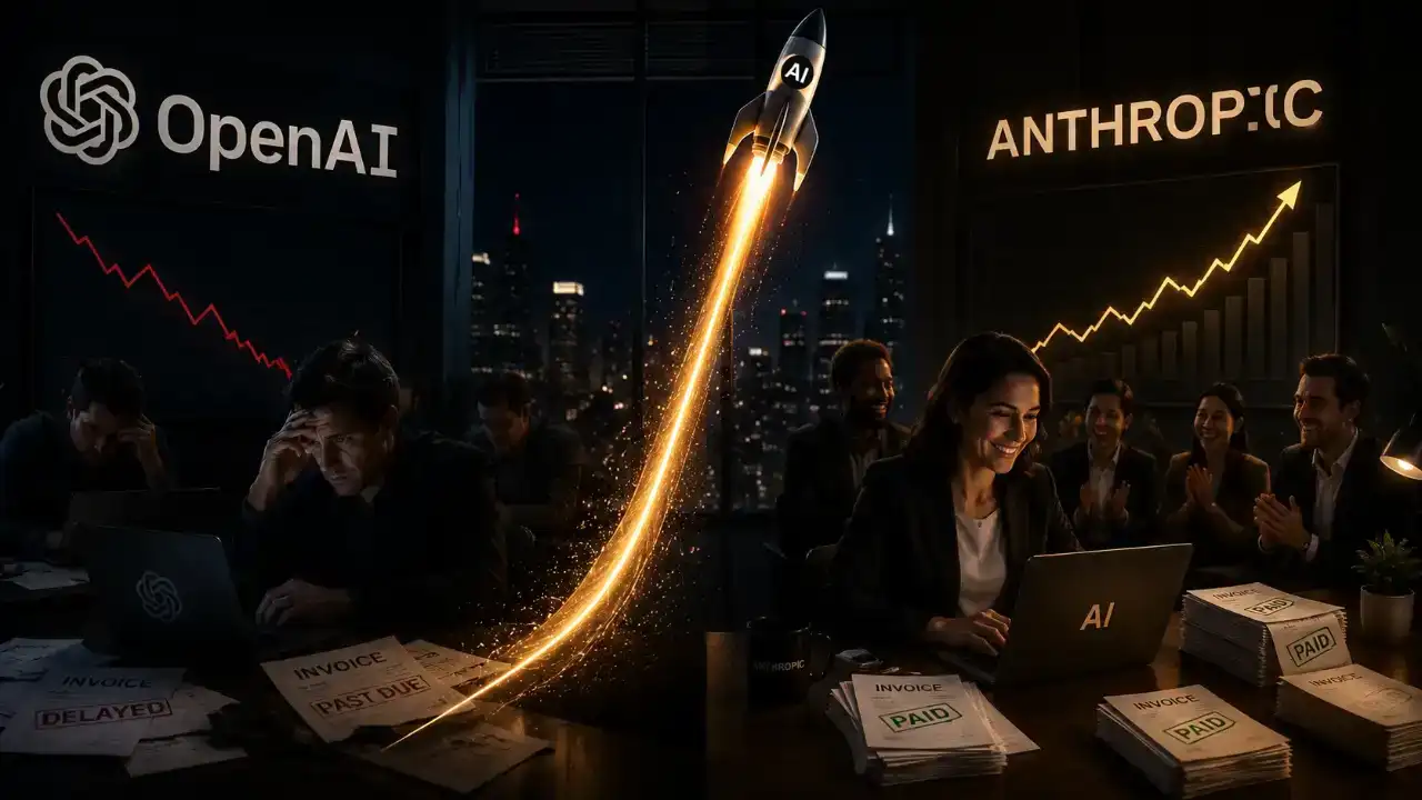 Gráfico de linhas mostrando a participação de mercado da Anthropic, OpenAI e Google em IA para empresas americanas, com a Anthropic superando a OpenAI em abril de 2024.