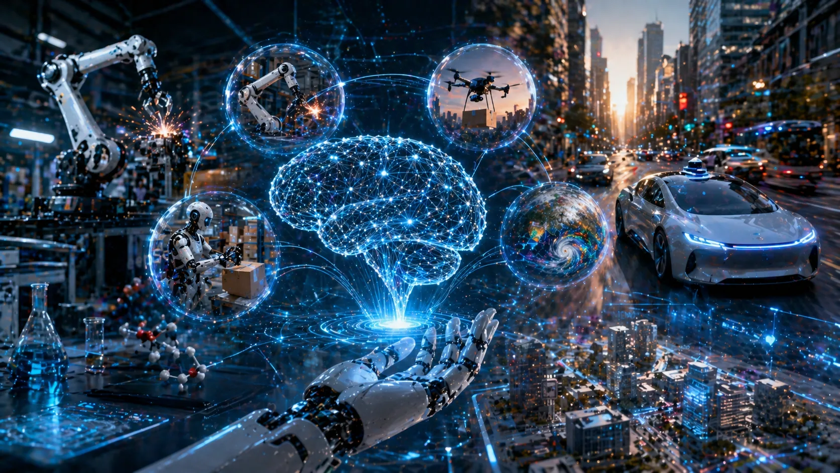 Representação gráfica de uma rede neural ou modelo de mundo com elementos físicos, como engrenagens e forças, simbolizando a precisão física do Odyssey-2 Max.