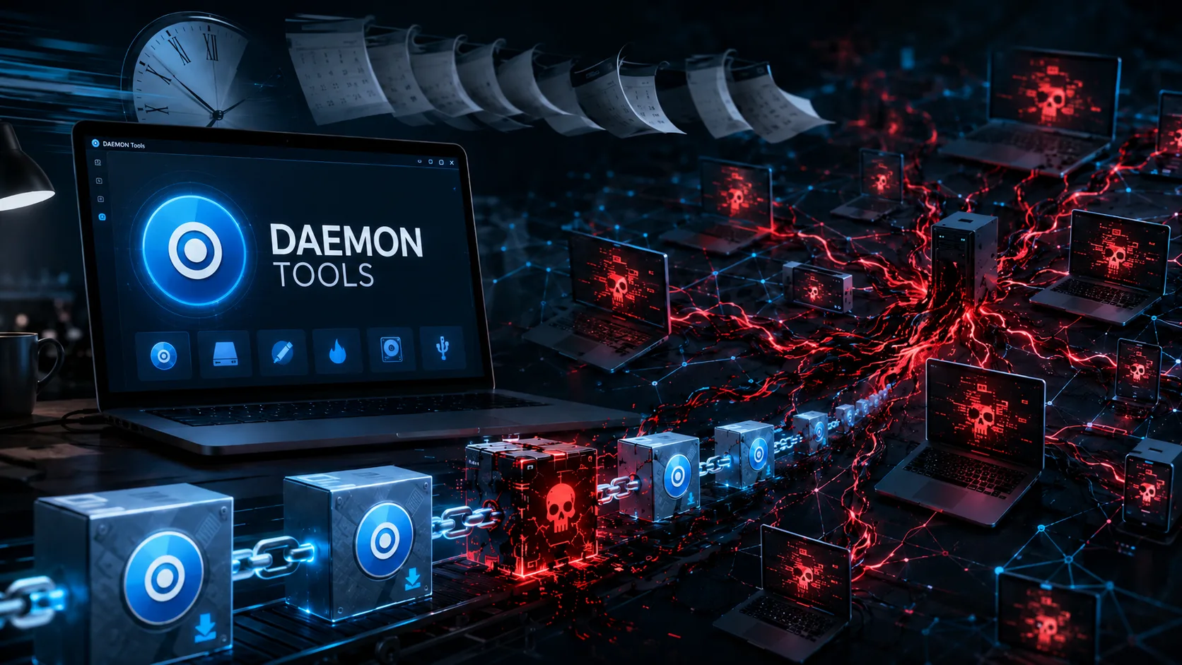 Ícone do Daemon Tools com um cadeado aberto e uma corrente quebrada, simbolizando o ataque de supply-chain e a vulnerabilidade.