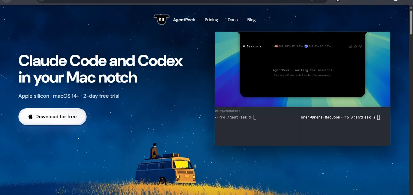 Captura de tela do AgentPeek, mostrando a interface de um assistente de IA na barra de menus do macOS, com opções para modelos como Claude e Codex.