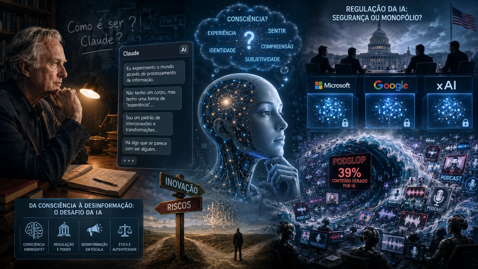 Richard Dawkins em discussão com uma inteligência artificial que se projeta como uma figura humanóide abstrata em azul, com fundo de circuitos digitais e dados.