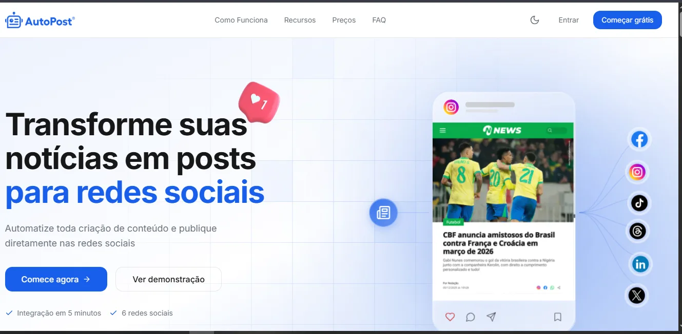 Interface de um aplicativo de agendamento de posts com ícones de redes sociais e Telegram.