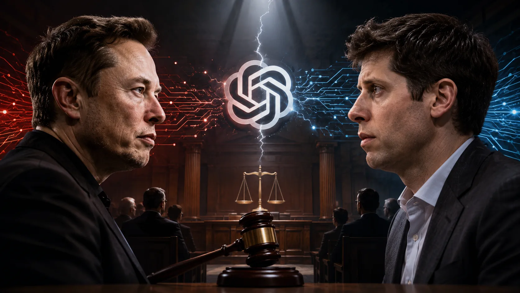 Elon Musk e Sam Altman, os dois líderes da OpenAI em confronto judicial, em uma imagem que reflete a tensão entre eles e o impacto no futuro da inteligência artificial.
