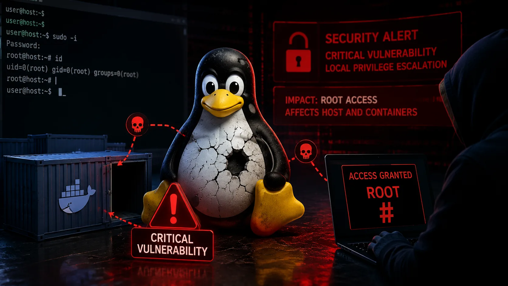 Ilustração de um pinguim Linux com um curativo, simbolizando uma vulnerabilidade de segurança