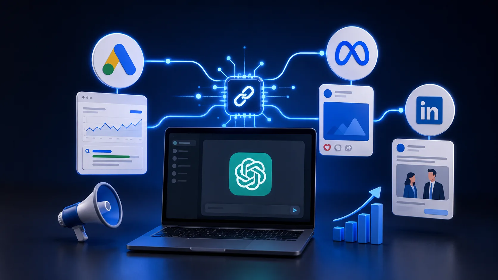 Ícone de um conector com símbolo de inteligência artificial, representando a integração de ferramentas de marketing digital com IA.