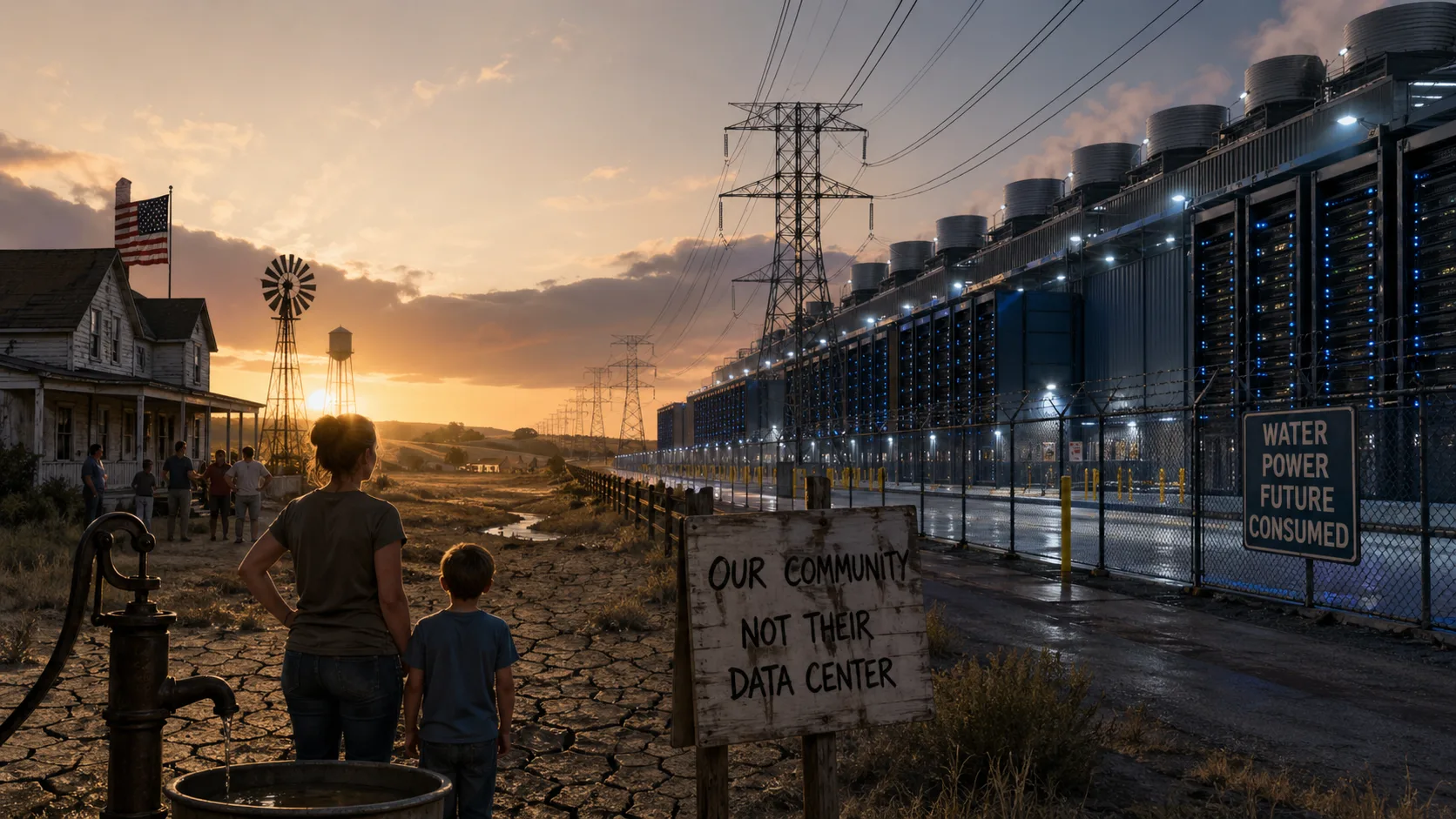 Fila de servidores em um data center, símbolo da infraestrutura que consome muita energia e água para resfriamento.