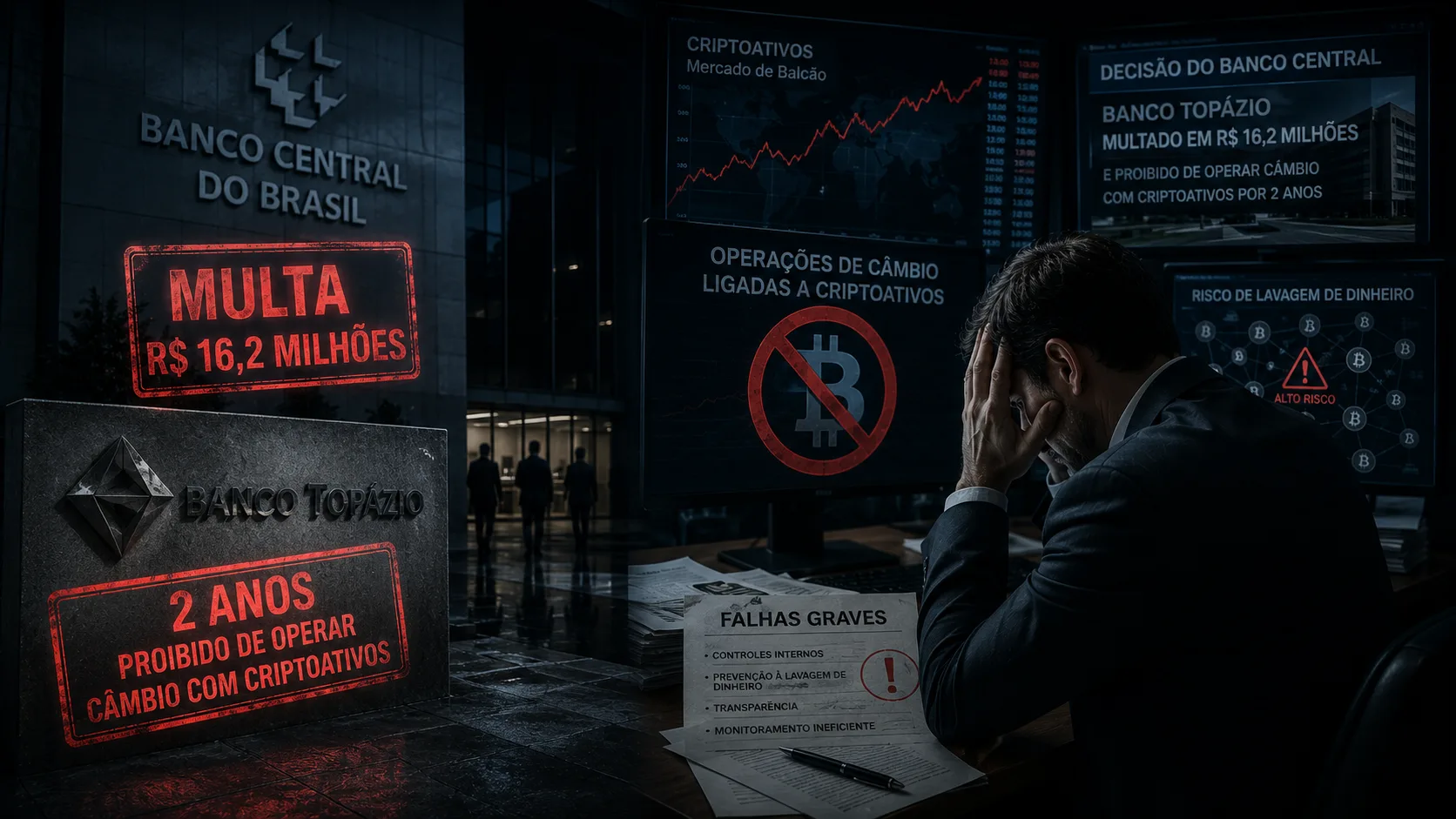 Símbolos de moedas digitais e reais, com balanças da justiça ao centro, representando a regulação de criptoativos pelo Banco Central.