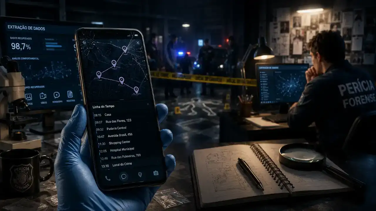Mãos segurando um smartphone com luz azul, simbolizando o rastreamento e coleta de dados digitais em investigações.