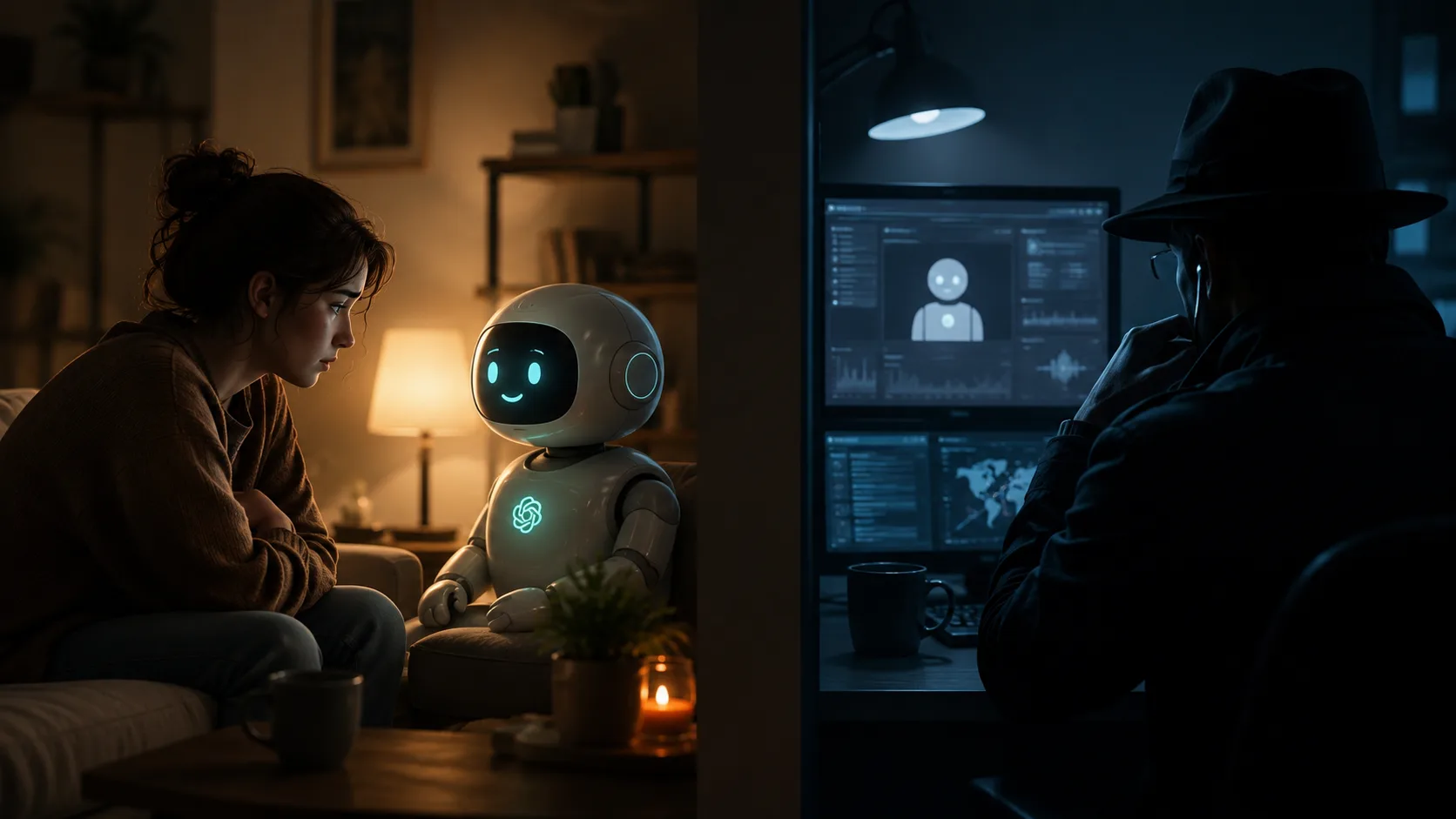 Uma figura de chatbot com uma boca costurada e um ponto de interrogação acima da cabeça, sugerindo segredos e falta de privacidade.