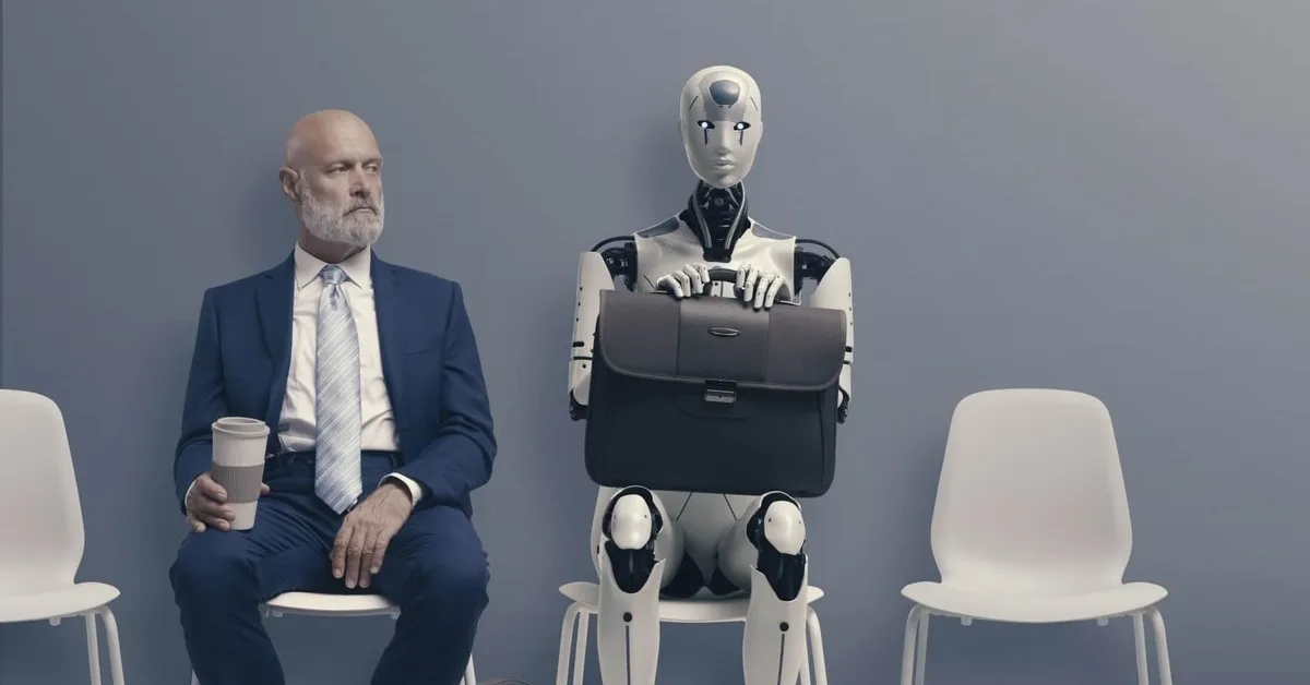 Robô apertando a mão de um humano em um cenário futurista, simbolizando a interação entre IA e força de trabalho