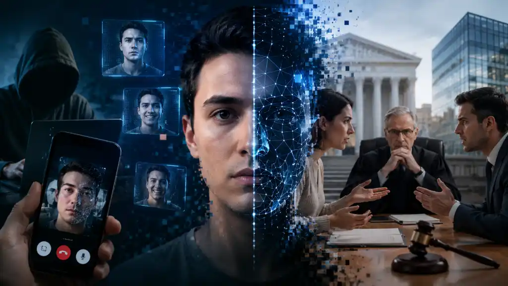 Cibercriminoso utilizando inteligência artificial para criar deepfake no computador, com rosto em distorção e linhas de código