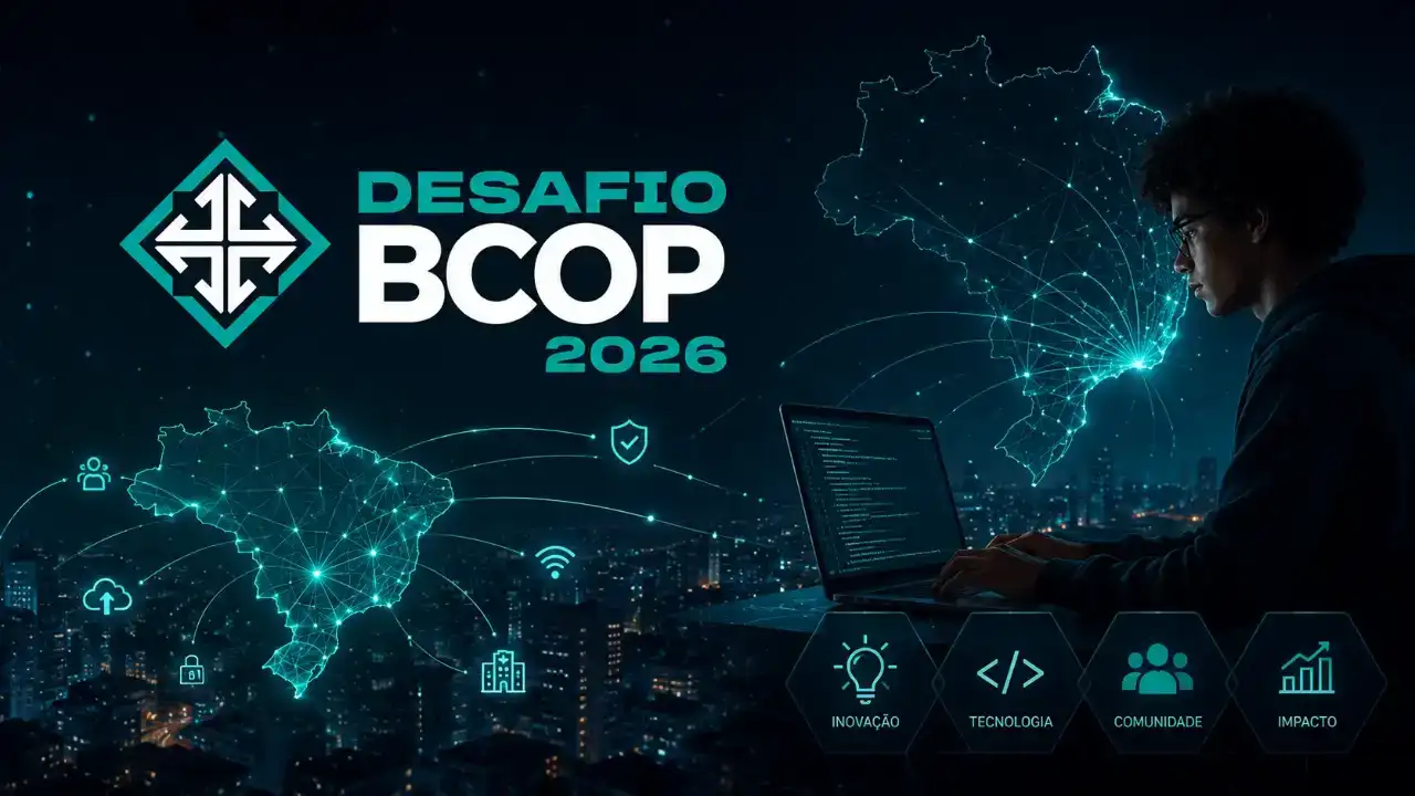 Logotipo do NIC.br e ilustração de um desafio de rede, representando o Desafio BCOP 2026 e a busca por boas práticas operacionais e de segurança para a internet no Brasil.