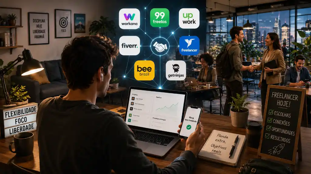 Smartphone com ícones de aplicativos de trabalho freelancer, representando oportunidades de renda extra.