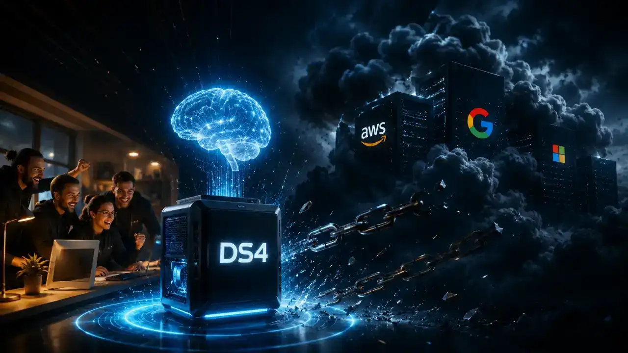 Cérebro robótico azul e vermelho processando informações, simbolizando o poder da inteligência artificial local e da computação