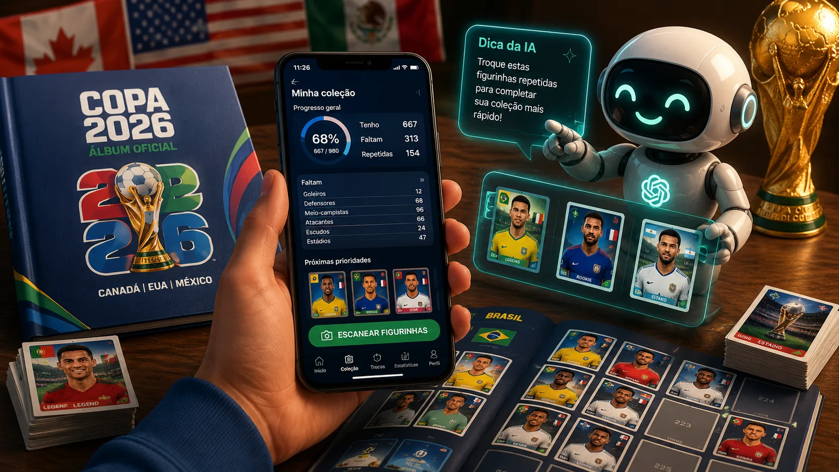 Imagem gerada por inteligência artificial mostrando elementos de álbum de figurinhas de futebol e tecnologia, simulando a junção de IA e colecionáveis.