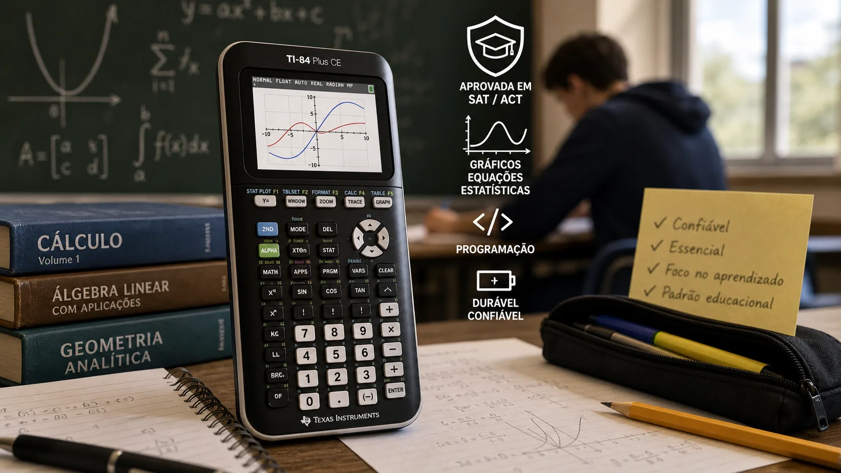 Calculadora gráfica TI-84 Plus CE da Texas Instruments em uma superfície branca, exibindo gráficos matemáticos