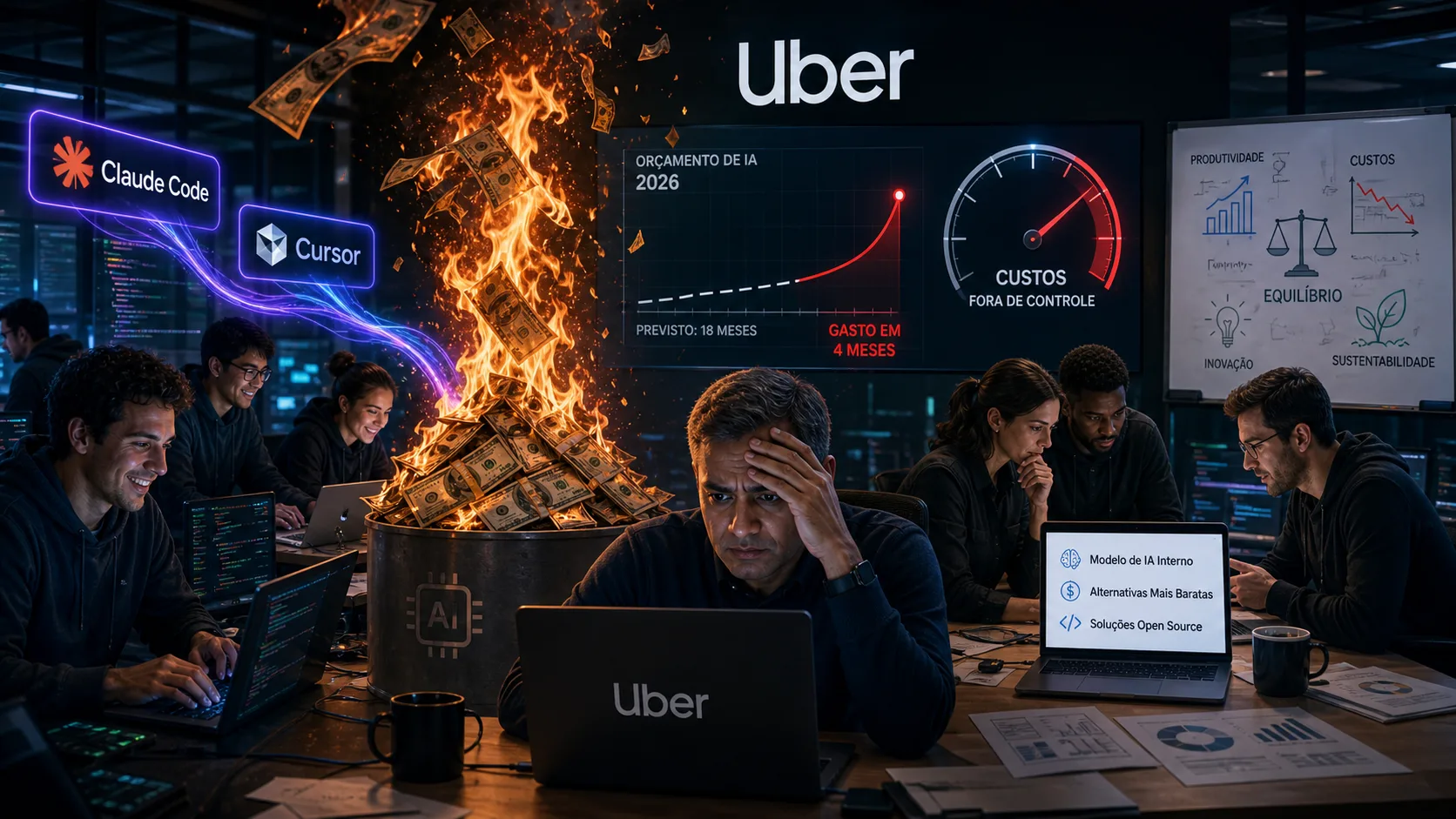 Engenheiros da Uber trabalhando em computadores com elementos de Inteligência Artificial, mostrando a integração da IA no desenvolvimento de software.