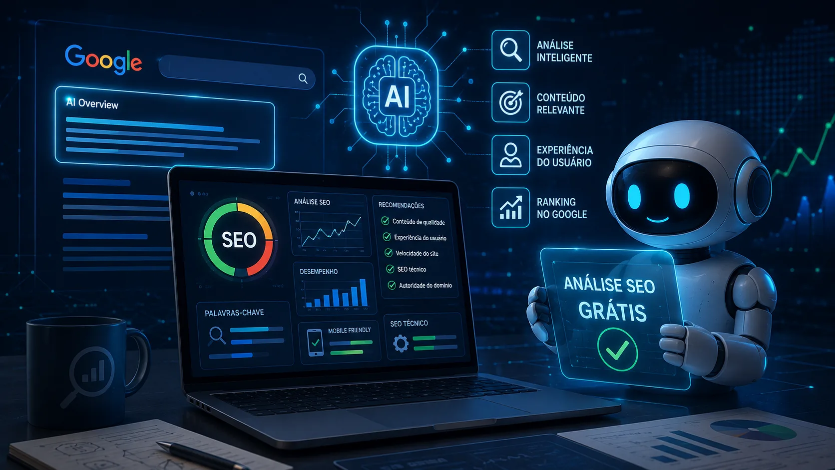 Ilustração de um robô ou IA interagindo com um gráfico de SEO ou com elementos de código, simbolizando a auditoria de sites para a era da inteligência artificial na busca.