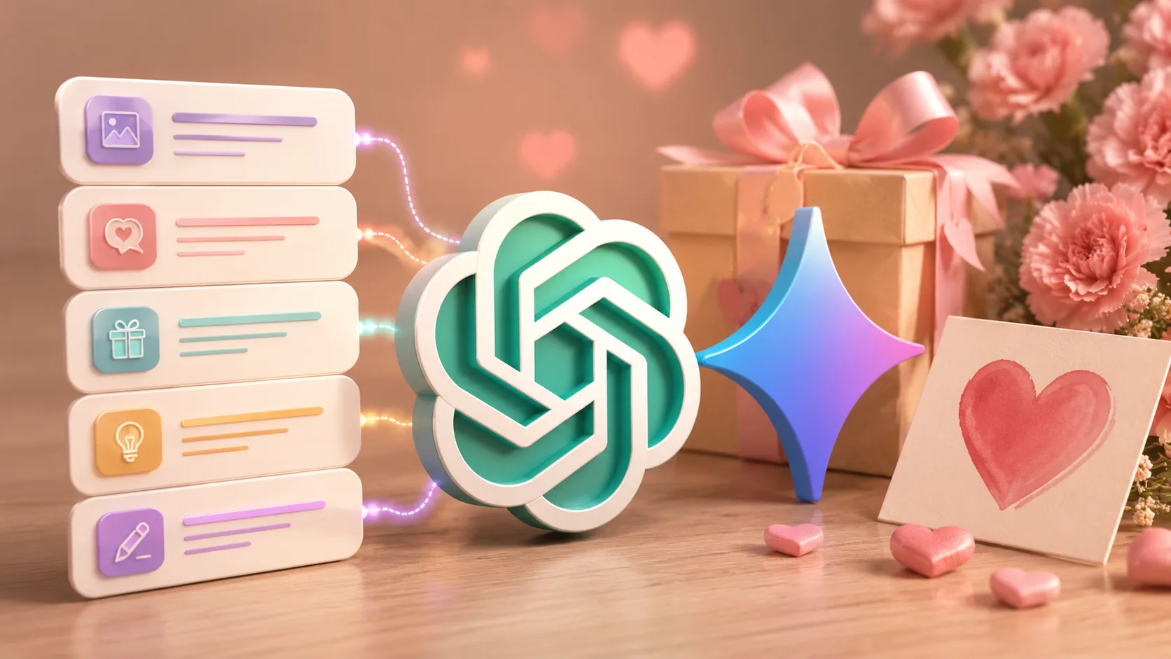 Mãos usando um smartphone com o logo do ChatGPT em meio a elementos florais e corações, ilustrando a criação de presentes para o Dia das Mães com IA.