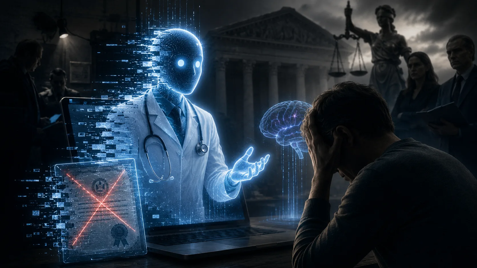 Símbolo de inteligência artificial sobreposto a uma imagem de estetoscópio, representando a fusão entre IA e medicina.