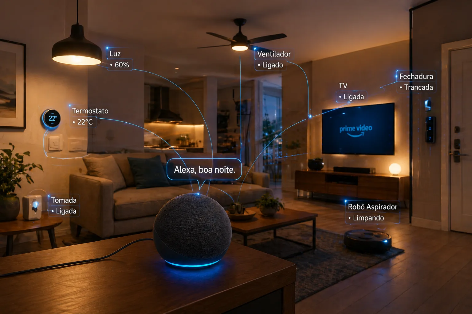 Imagem de um Amazon Echo Dot de última geração na cor azul, um dispositivo compacto e esférico que integra a assistente virtual Alexa.